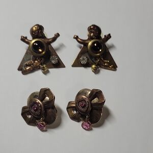 Vintage-Inspired Brass Tone Pink and Amber Drop Earrings Set